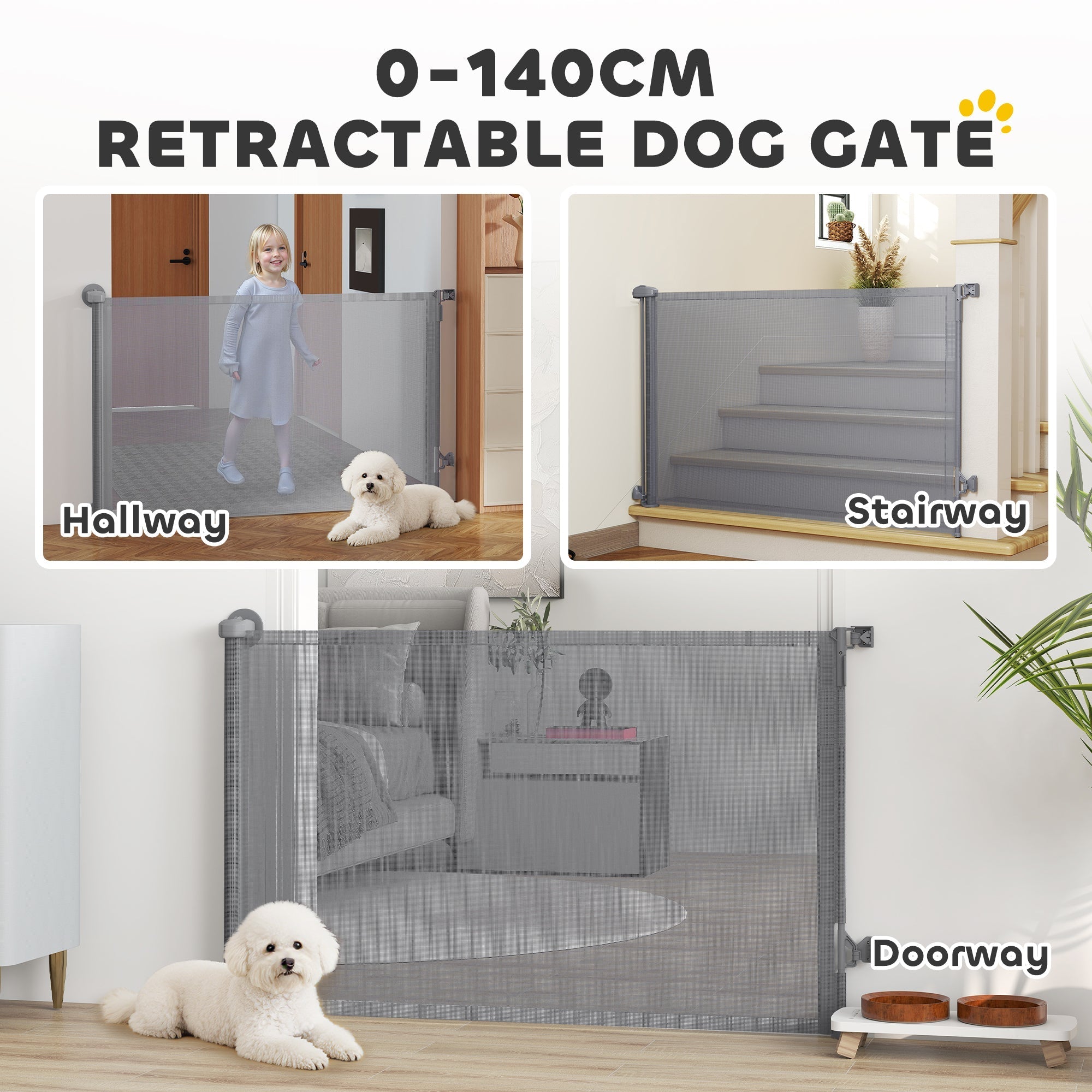 Gray pawhut retractable dog gate with mesh design extends up to 140 cm wide for stairs and doorways safety