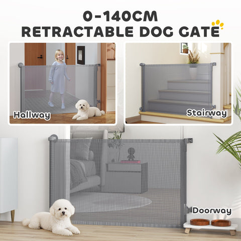Gray pawhut retractable dog gate with mesh design extends up to 140 cm wide for stairs and doorways safety