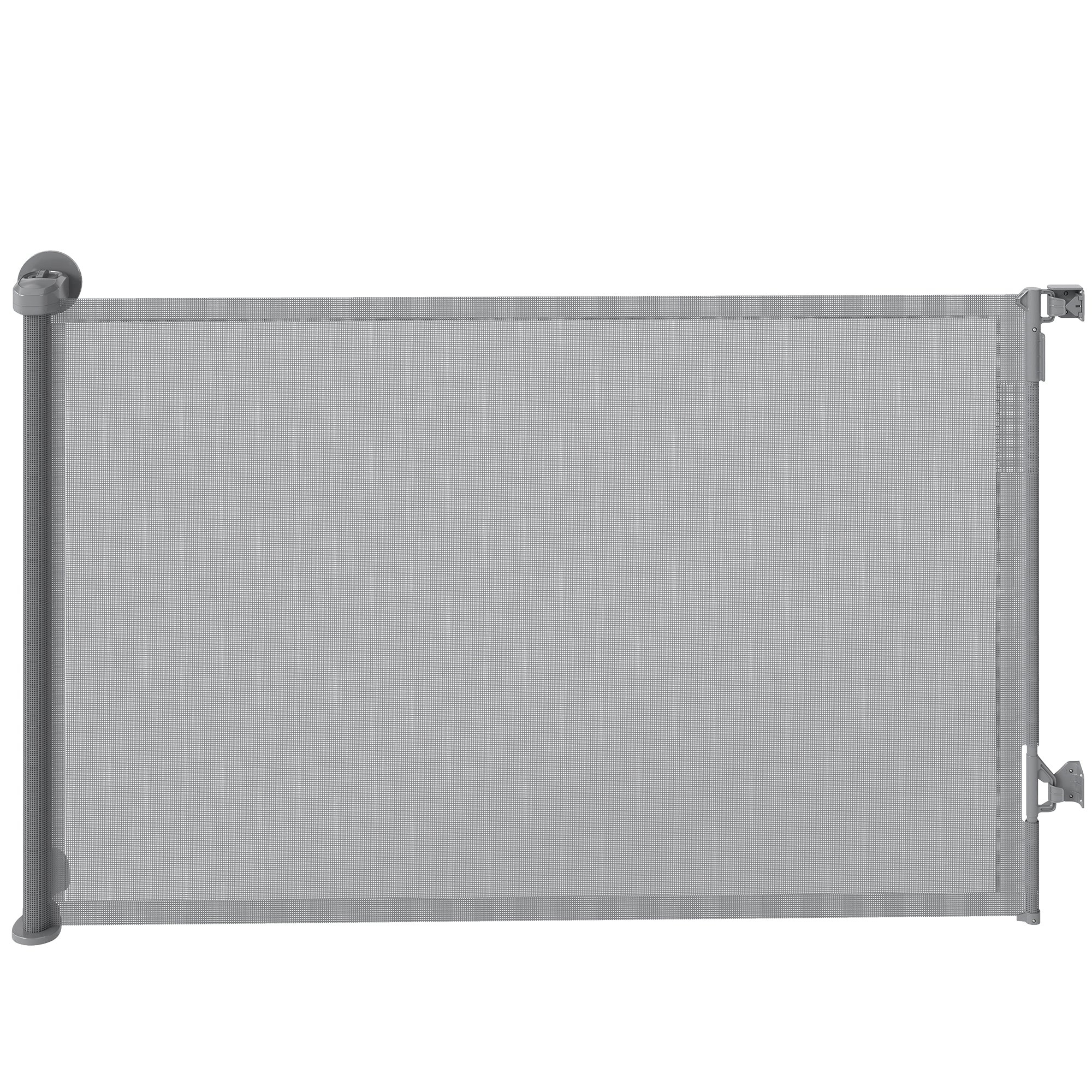 Gray mesh retractable dog gate with sturdy plastic frame and adjustable side brackets for stairs and doorways
