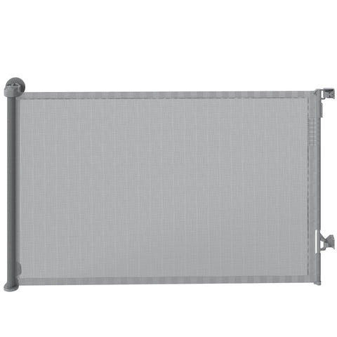 Gray mesh retractable dog gate with sturdy plastic frame and adjustable side brackets for stairs and doorways