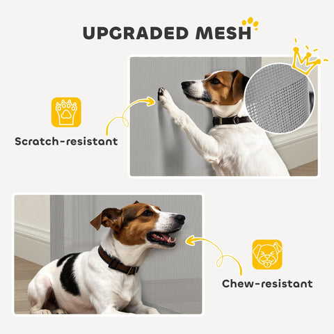 Gray upgraded mesh retractable dog gate with scratch-resistant and chew-resistant features for stairs and doorways