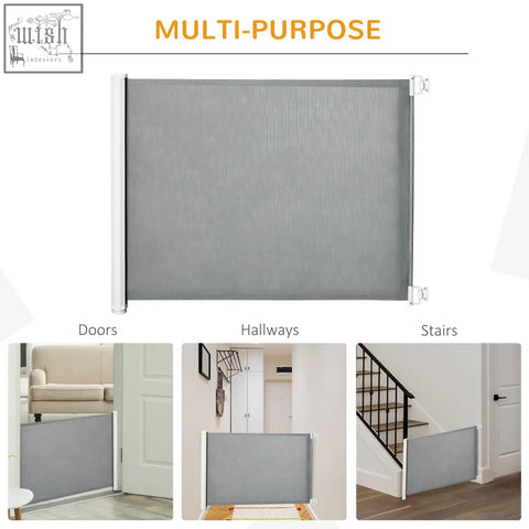 Gray mesh pet gate with white plastic end caps made of durable steel and polyester cloth for doors and stairs