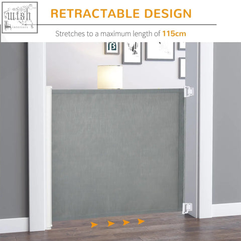Gray pawhut retractable pet gate with textured fabric and durable steel frame for home doorway and stairs safety