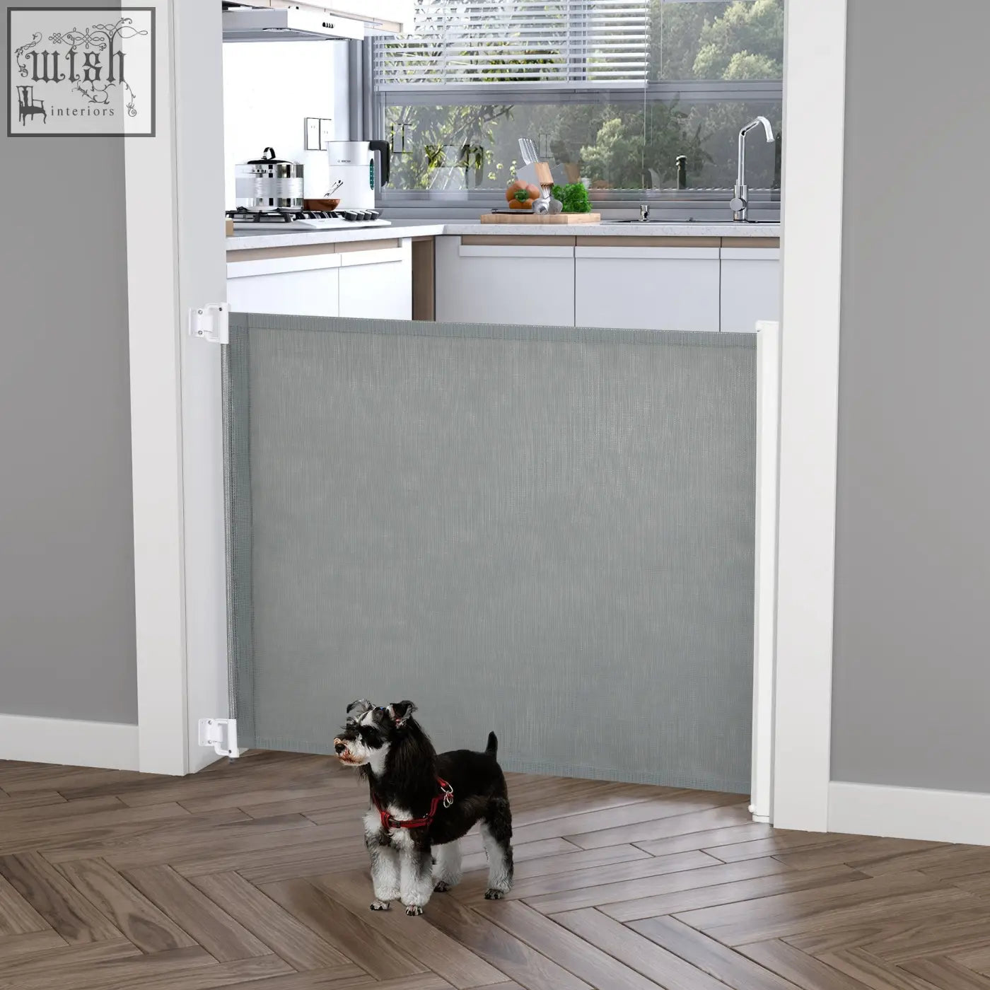 Gray pawhut pet gate with durable steel frame and polyester cloth for doorways stairs and home safety