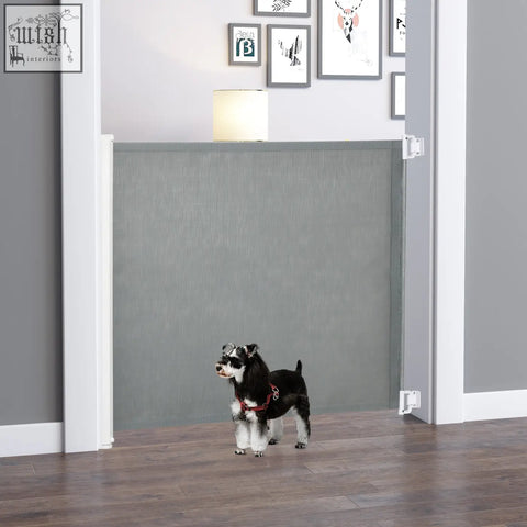 Gray textured pawhut retractable pet gate with durable steel frame white side panels and right side zipper for home use