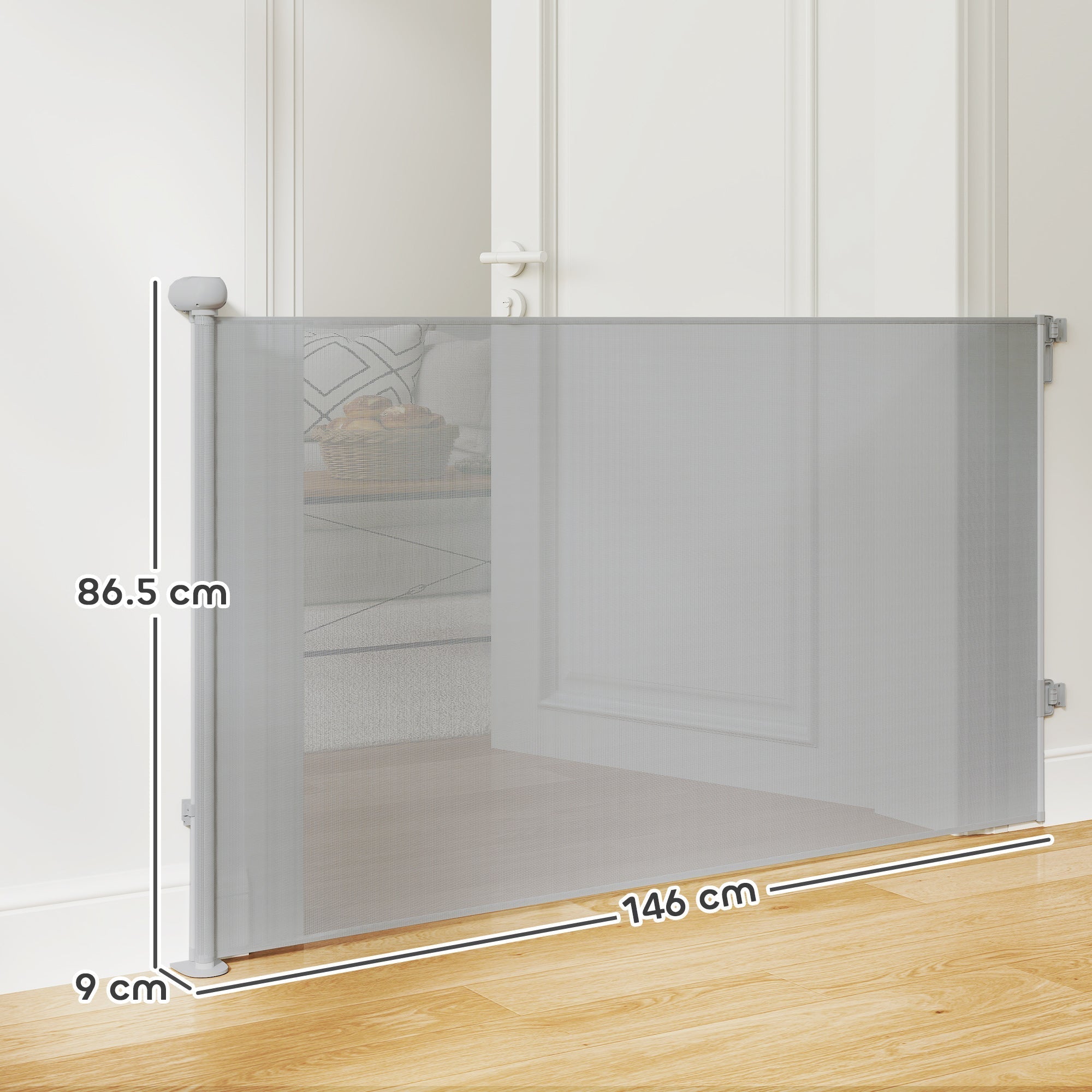 Gray mesh retractable dog gate with metal poles and adjustable height markings extends up to 140 cm wide