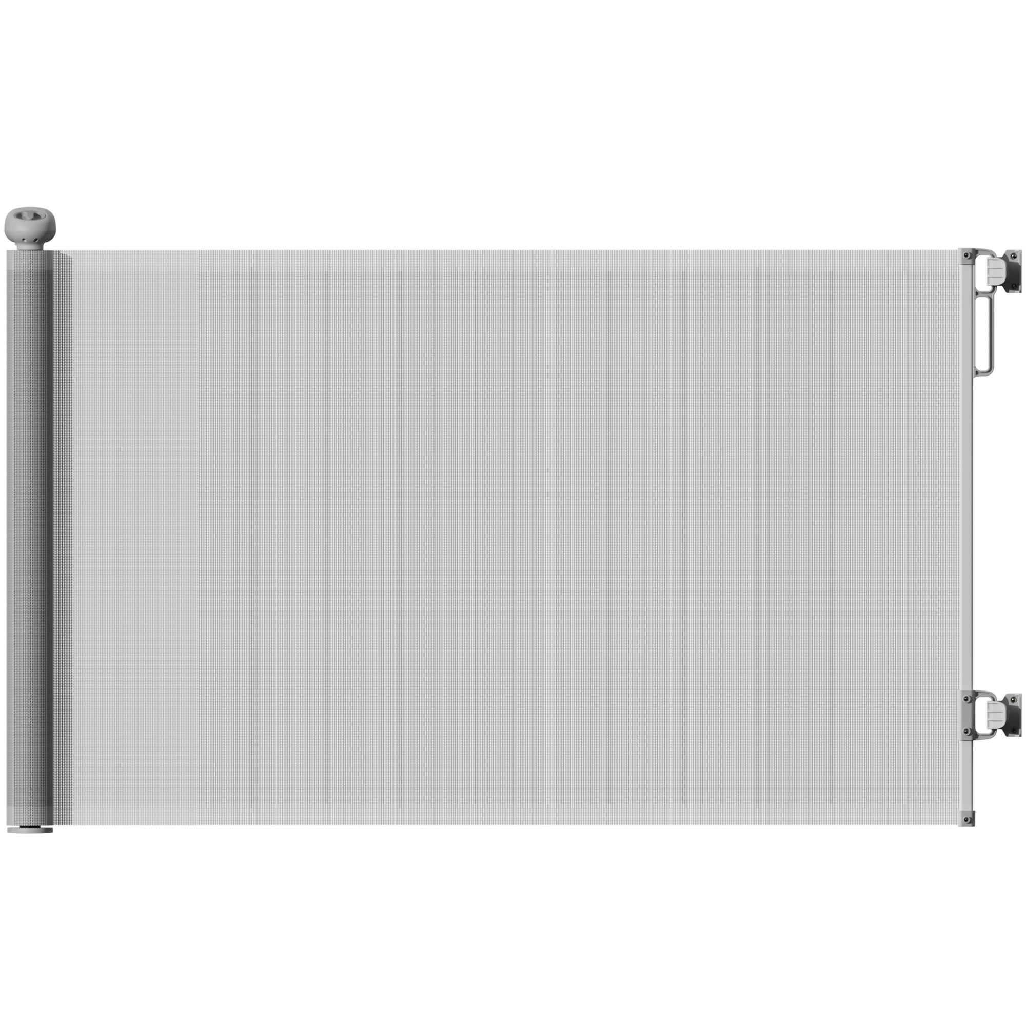 Silver ribbed plastic retractable dog gate with metal hardware for doorways and stairways up to 140 cm wide