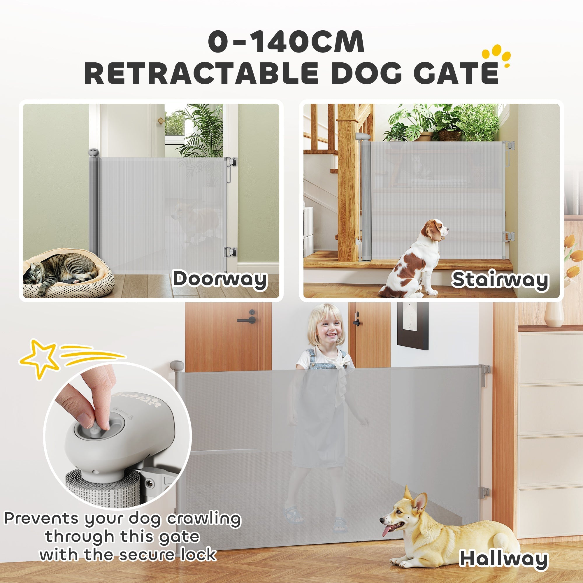 A sleek translucent gray retractable dog gate with secure lock extends up to 140 cm for doorways and stairs