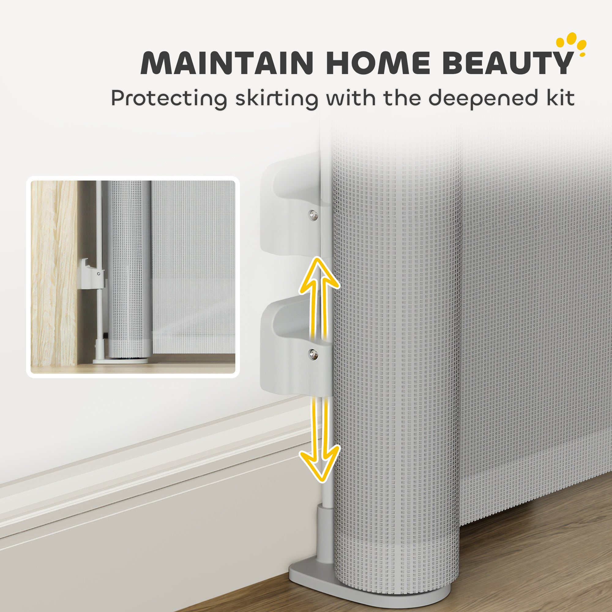 White plastic skirting protector with textured grid and adjustable brackets for pawhut retractable dog gate gray