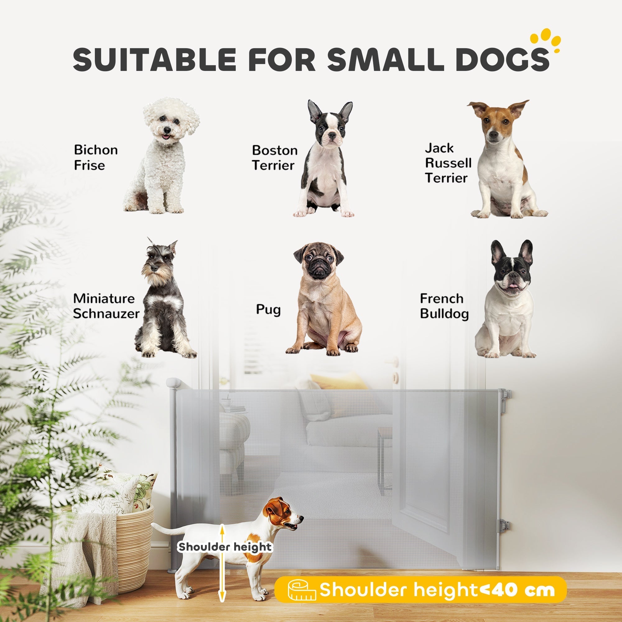 Transparent grey retractable dog gate by pawhut extends up to 140 cm fits small dogs under 40 cm shoulder height