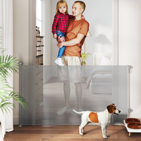 Grey transparent mesh retractable dog gate by PawHut extends up to 140 cm for doorways and stairways safety