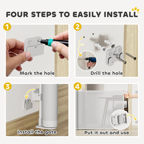 White plastic retractable dog gate with cylindrical barrier and mounting brackets for doorways and stairways