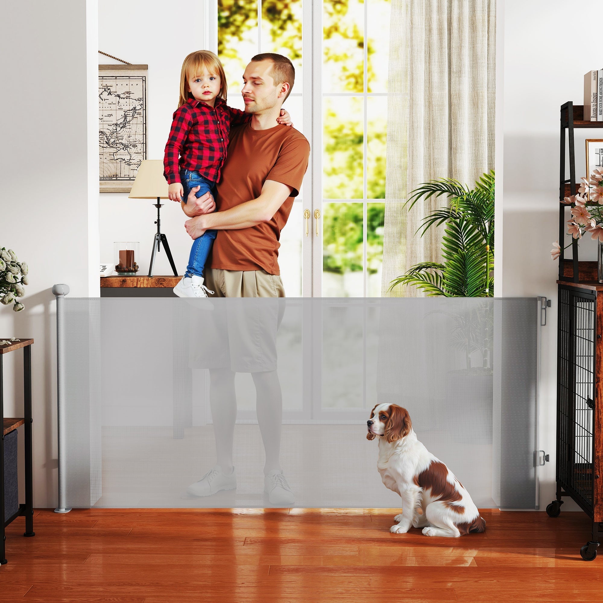 Transparent gray plastic retractable dog gate with metal frame and wheels extends up to 180 cm wide for doorways