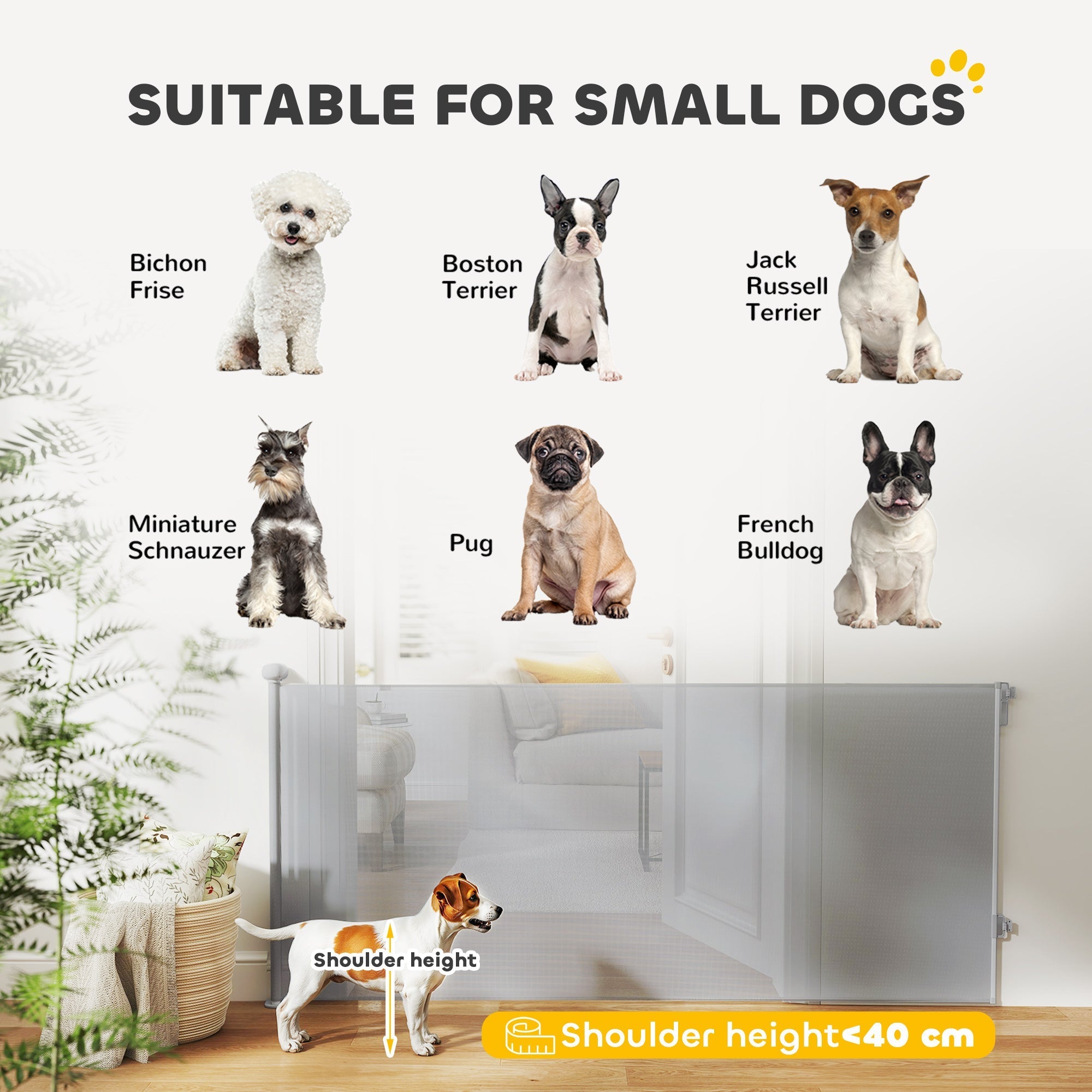 Pawhut retractable dog gate in grey transparent design extends up to 180 cm for small dogs under 40 cm shoulder height