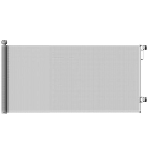 Silver metallic pawhut retractable dog gate with vertical ribbed texture extends up to 180 cm wide for doorways