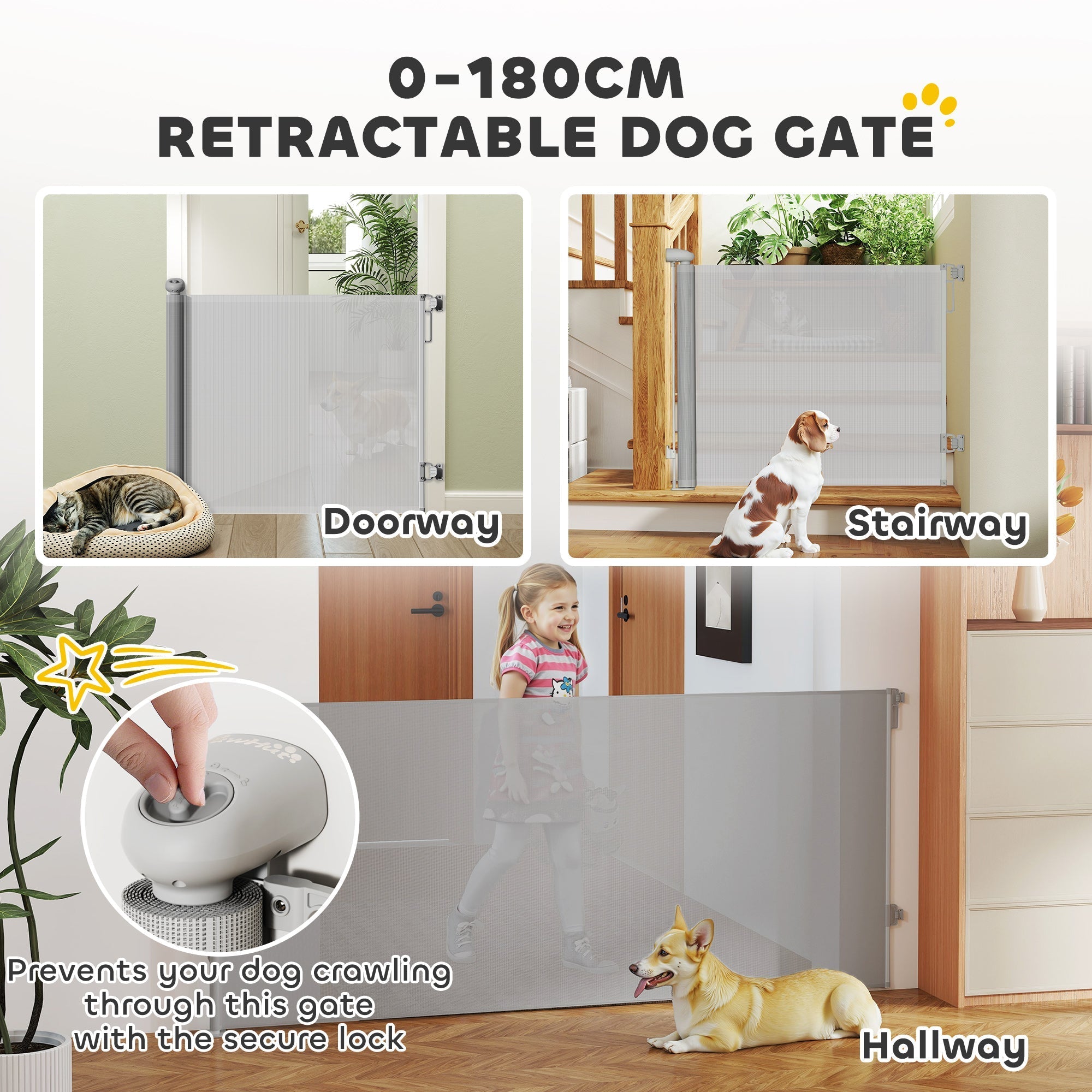 Gray pawhut retractable dog gate with secure lock extends up to 180 cm for doorways and stairways