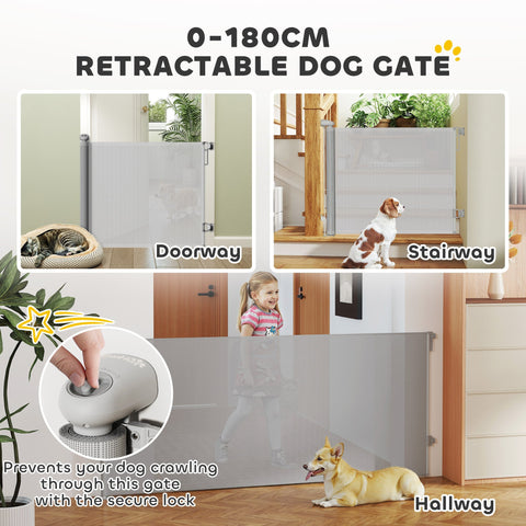 Gray pawhut retractable dog gate with secure lock extends up to 180 cm for doorways and stairways