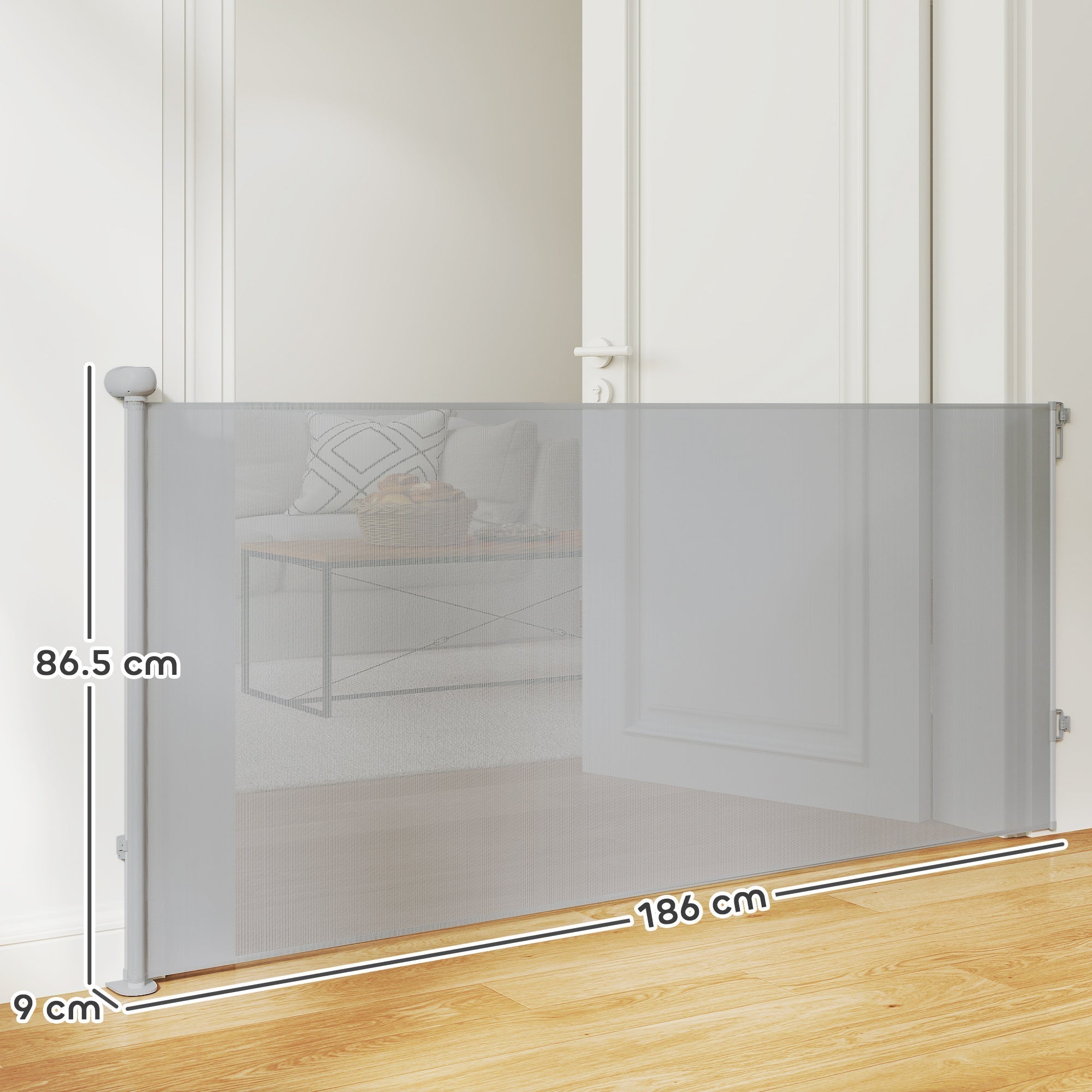 Gray mesh retractable dog gate with silver metal poles and brackets extends up to 180 cm for doorways or stairs