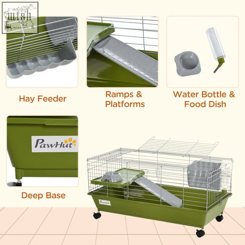 Olive green pawhut small animal cage with wire mesh sides wheels hay feeder ramps water bottle and food dish