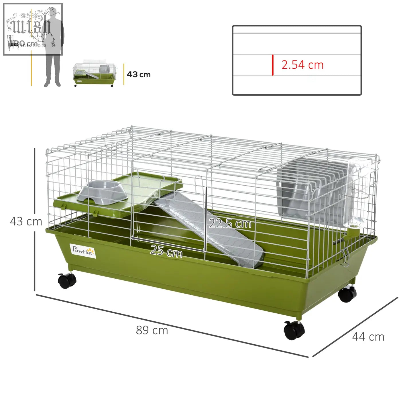 Green pawhut small animal cage with silver wire mesh top ramp food dish wheel and water bottle for rabbits and guinea pigs
