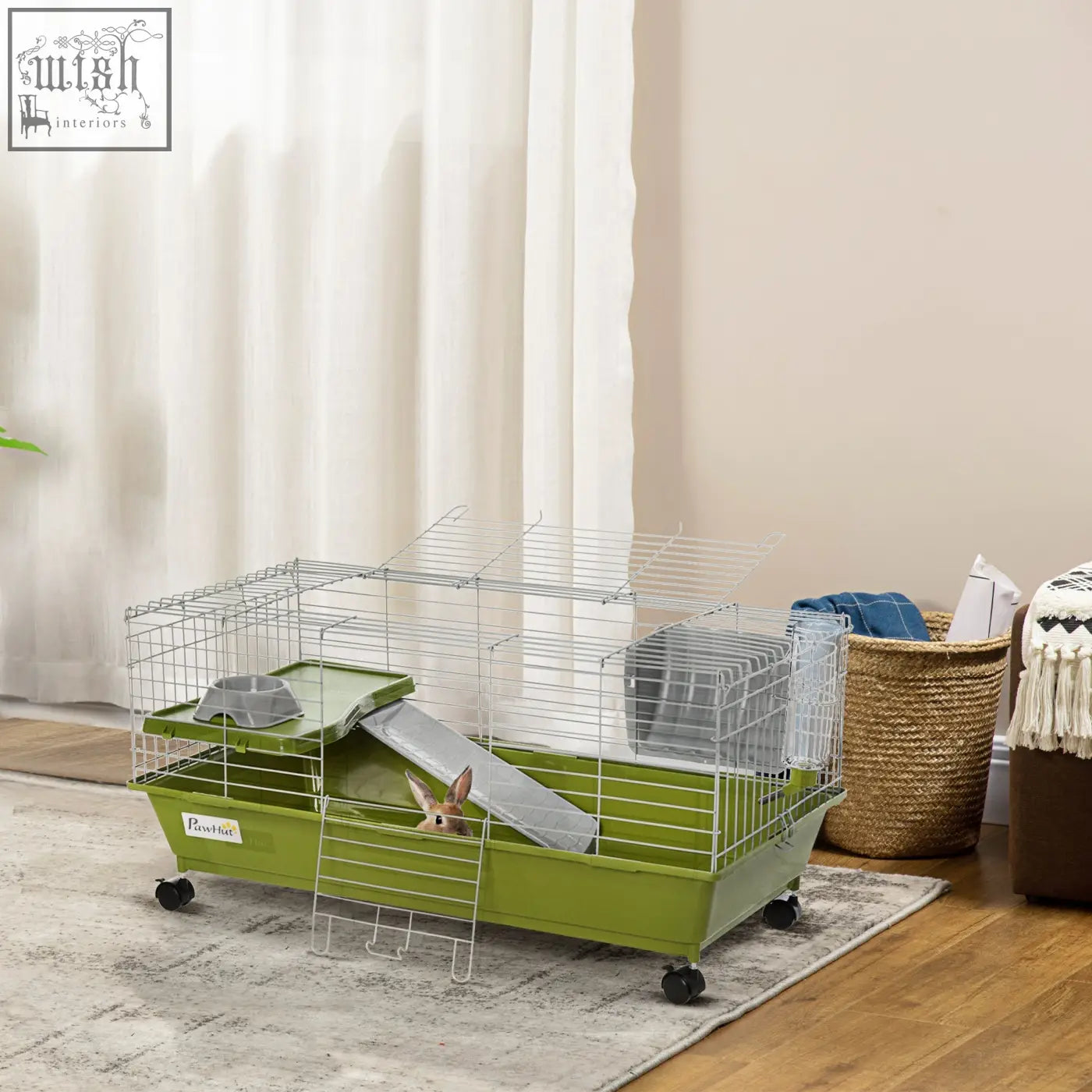 Green pawhut small animal cage with metal wire top gray plastic hideout food dish and water bottle inside