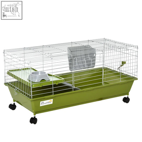 Olive green pawhut small animal cage with silver wire mesh black wheels tray-mounted food dish and water bottle