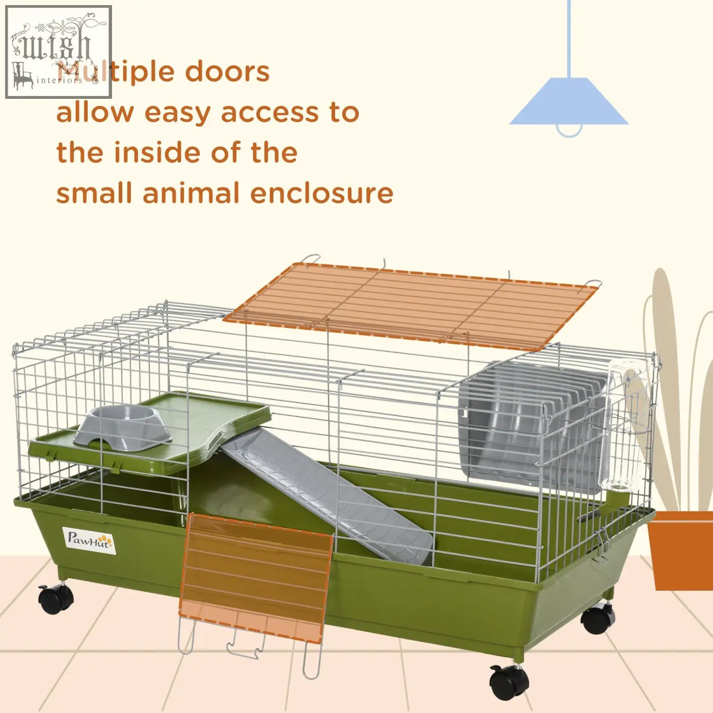 Green plastic and metal small animal cage with multiple doors ramp wheels water bottle and food dish for rabbits and guinea pigs