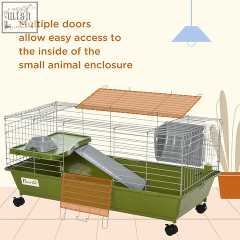 Green plastic and metal small animal cage with multiple doors ramp wheels water bottle and food dish for rabbits and guinea pigs