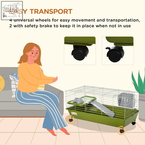 Green wire small animal cage with black wheels safety brake water bottle and food dish for easy transport