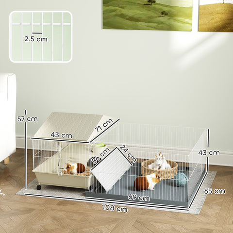 White wire pawhut small animal cage with beige plastic base and roof shows enclosure size and hay feeder setup