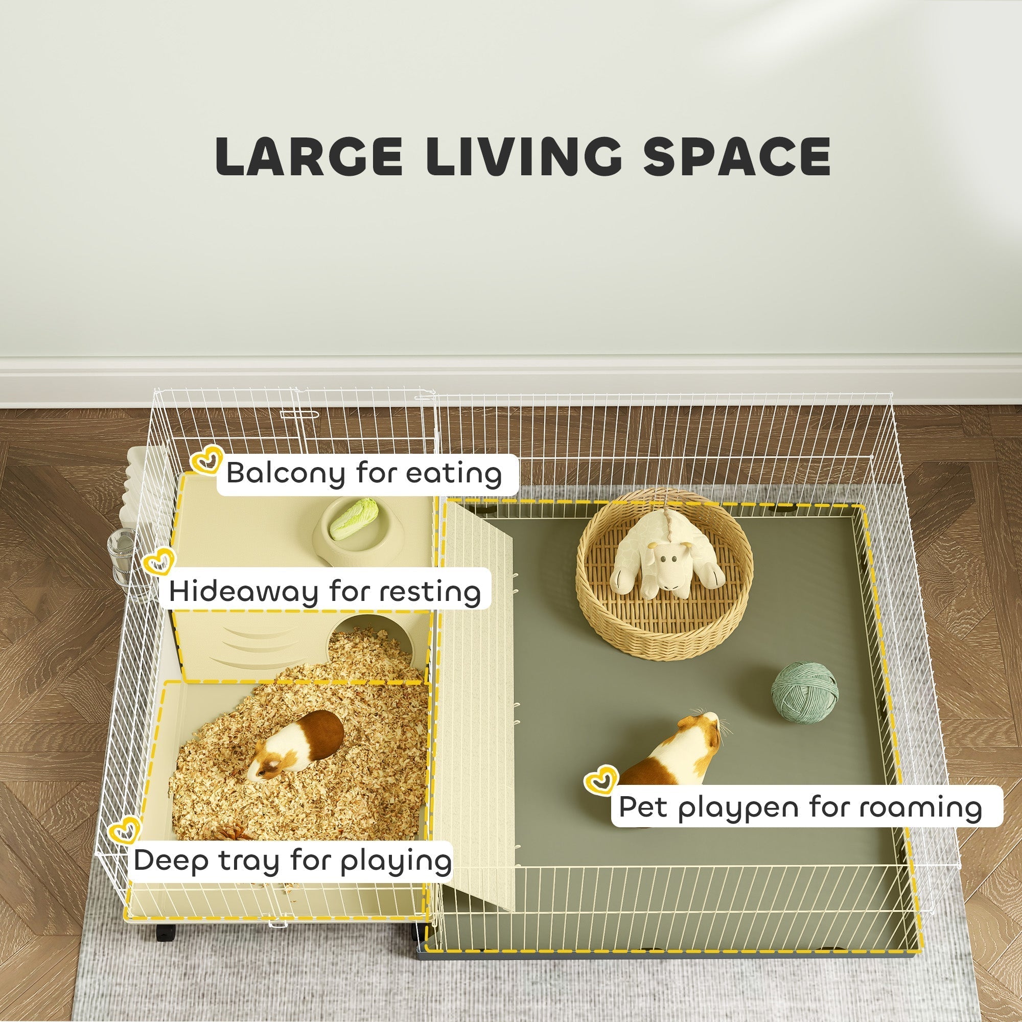 White wire mesh pawhut guinea pig cage with yellow trim, balcony, hideaway, hay feeder, water bottle, and feeding bowl