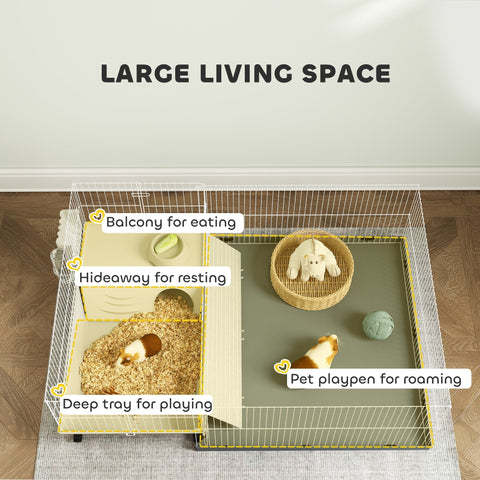 White wire mesh pawhut guinea pig cage with yellow trim, balcony, hideaway, hay feeder, water bottle, and feeding bowl