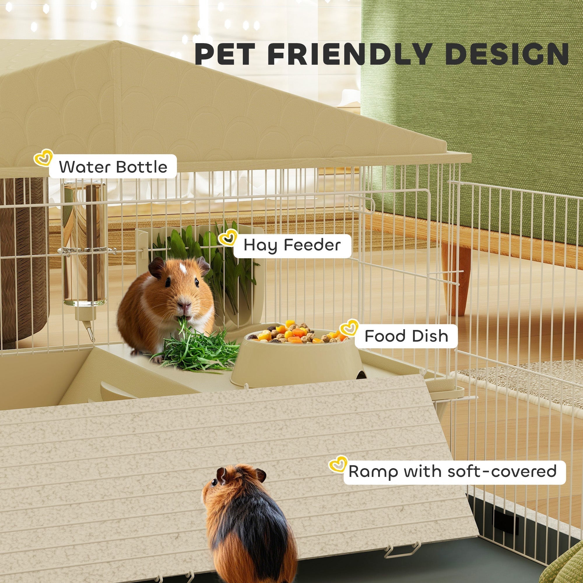 Beige pawhut small animal wire cage with ramp featuring hay feeder water bottle and feeding bowl for guinea pigs