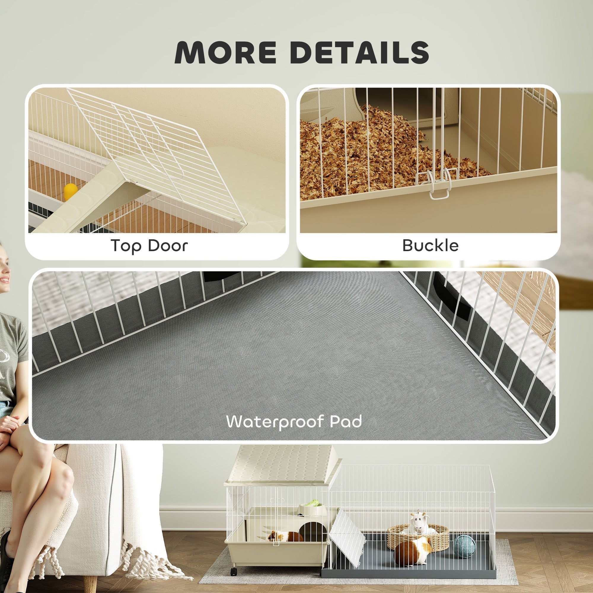 White wire mesh pawhut guinea pig cage with gray waterproof pad hay feeder and top door buckle mechanism