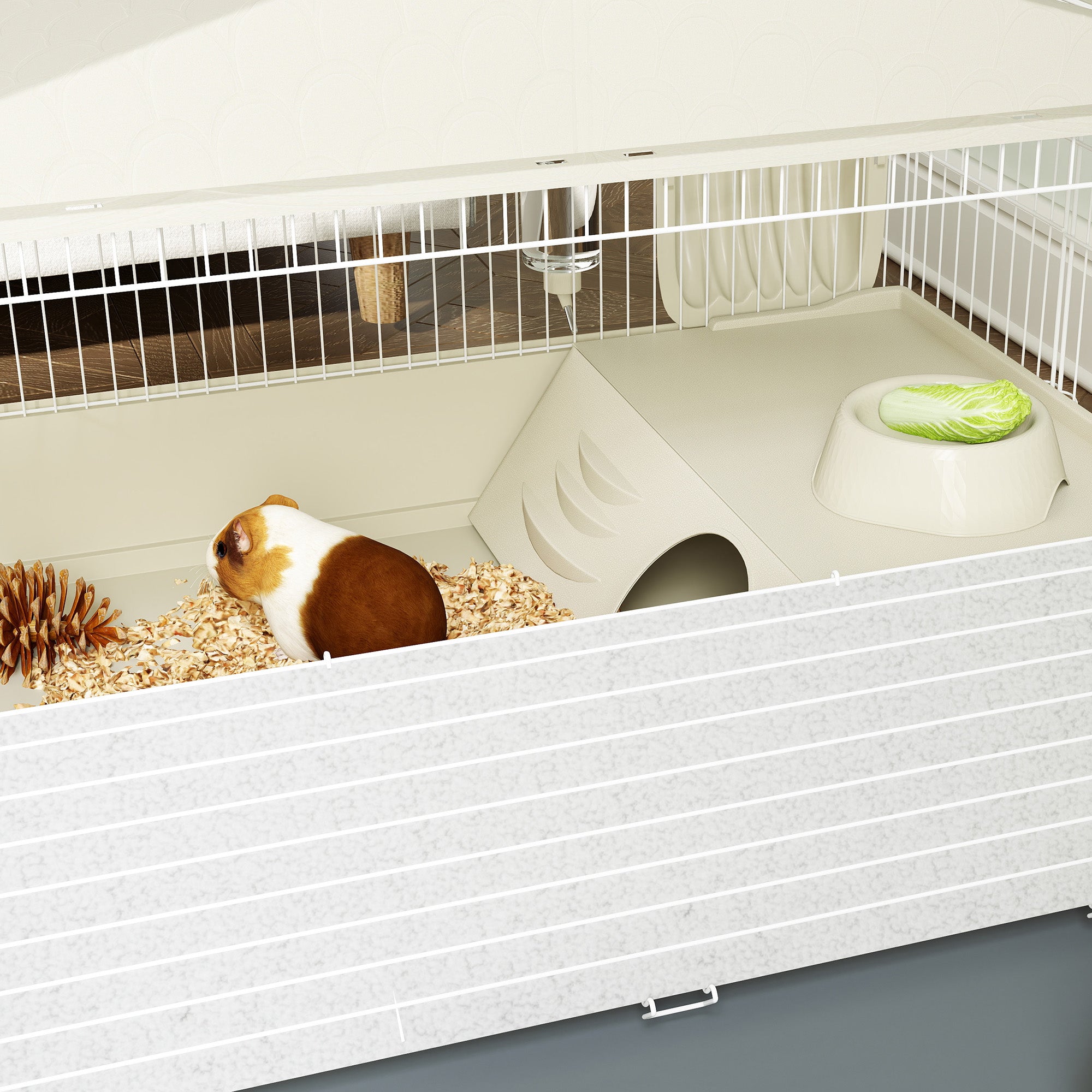 Beige pawhut small animal cage with white plastic habitat, small house, feeding bowl, and hay feeder for guinea pigs