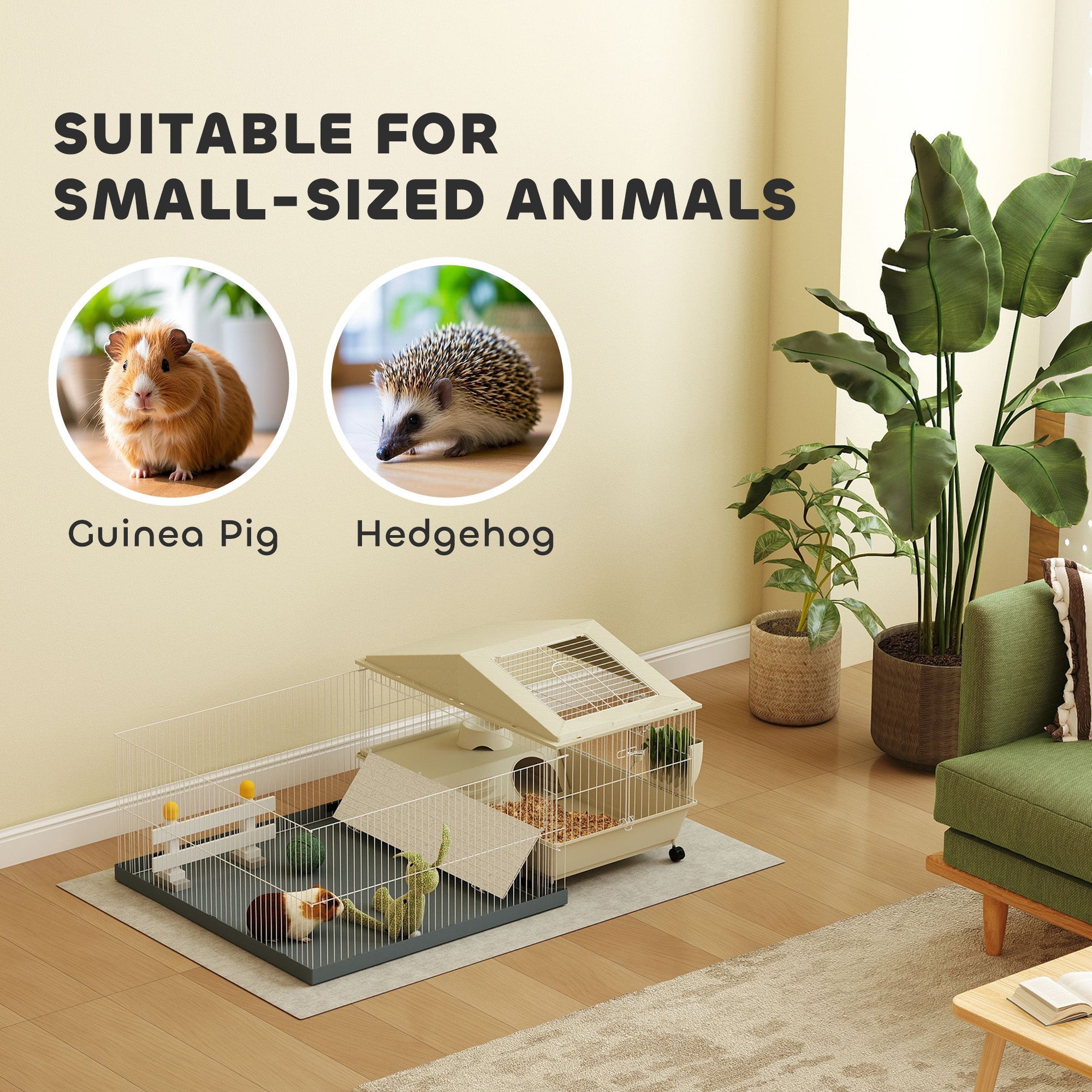 Beige and gray pawhut small animal cage with slanted roof hay feeder and feeding bowl for guinea pigs on wheels