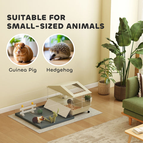 Beige and gray pawhut small animal cage with slanted roof hay feeder and feeding bowl for guinea pigs on wheels