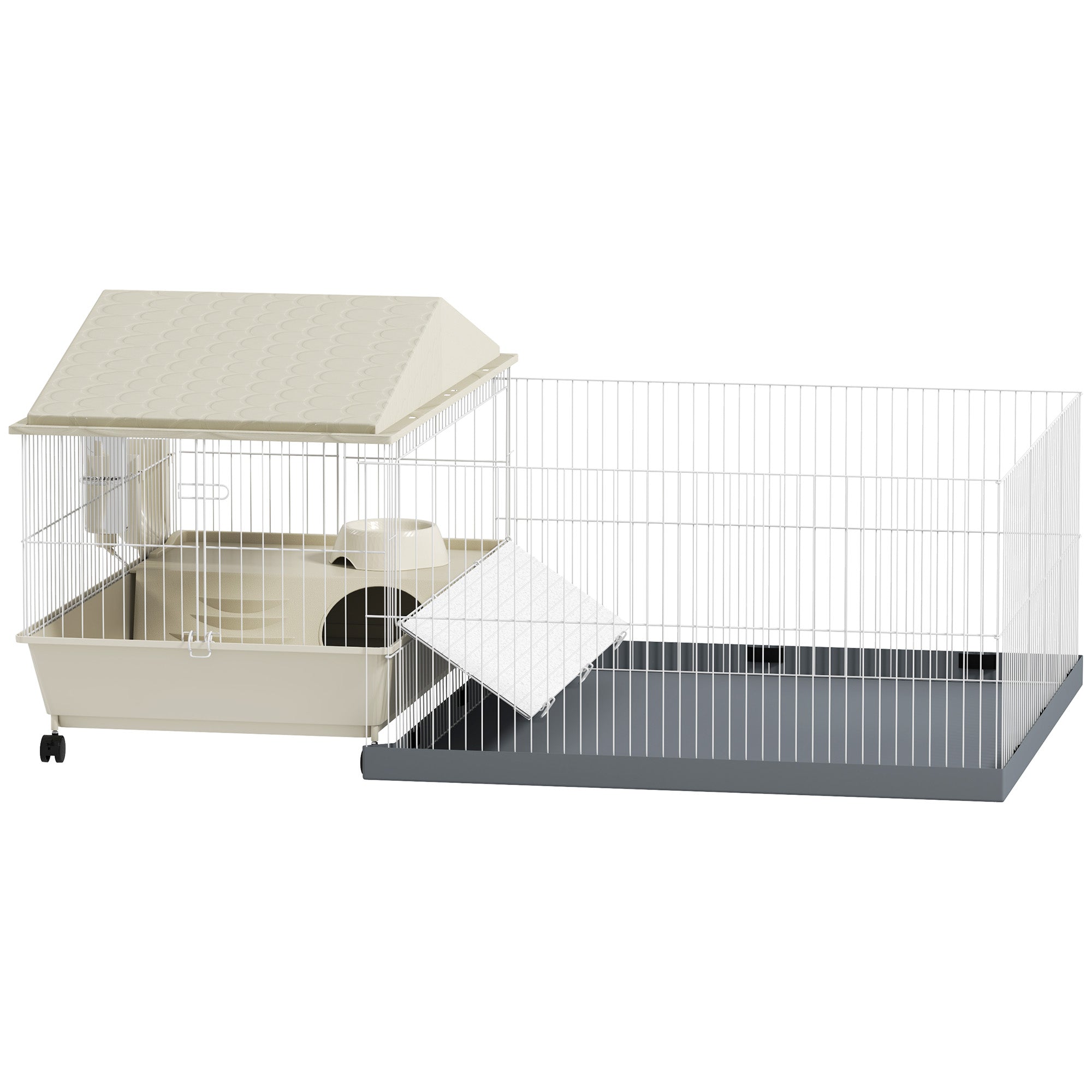 Beige and gray pawhut small animal cage with wire mesh, wheeled base, hay feeder, water bottle, and feeding bowl