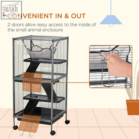 Silver pawhut small animal cage with 4 black plastic platforms wheels multiple doors for chinchillas ferrets kittens