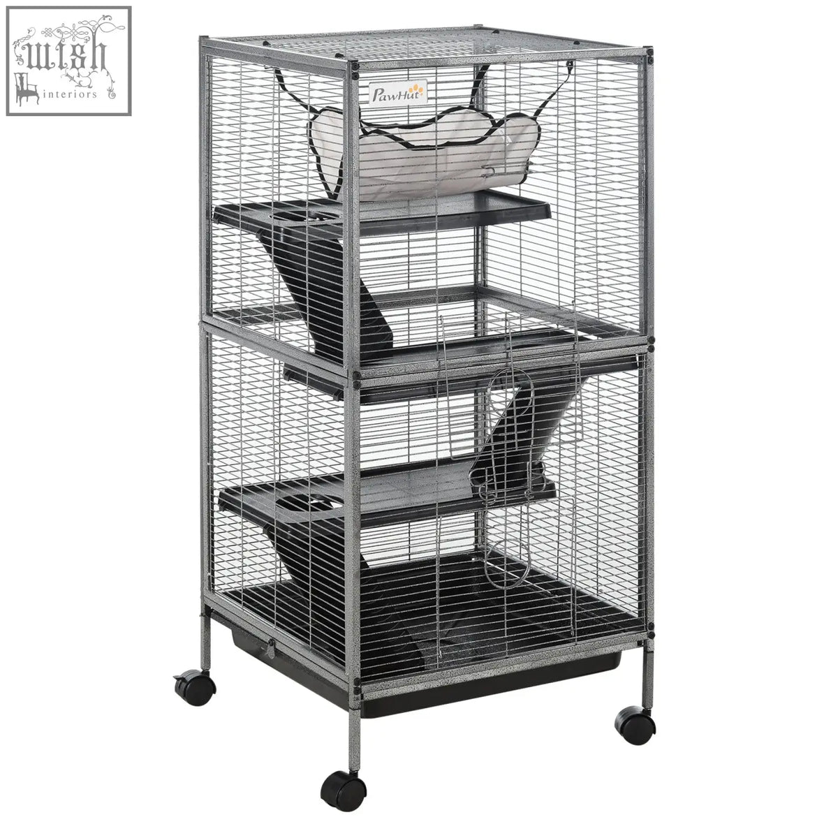 Silver metal pawhut small animal cage with black shelves wheels multiple doors for chinchillas ferrets kittens