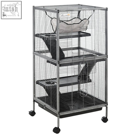 Silver metal pawhut small animal cage with black shelves wheels multiple doors for chinchillas ferrets kittens