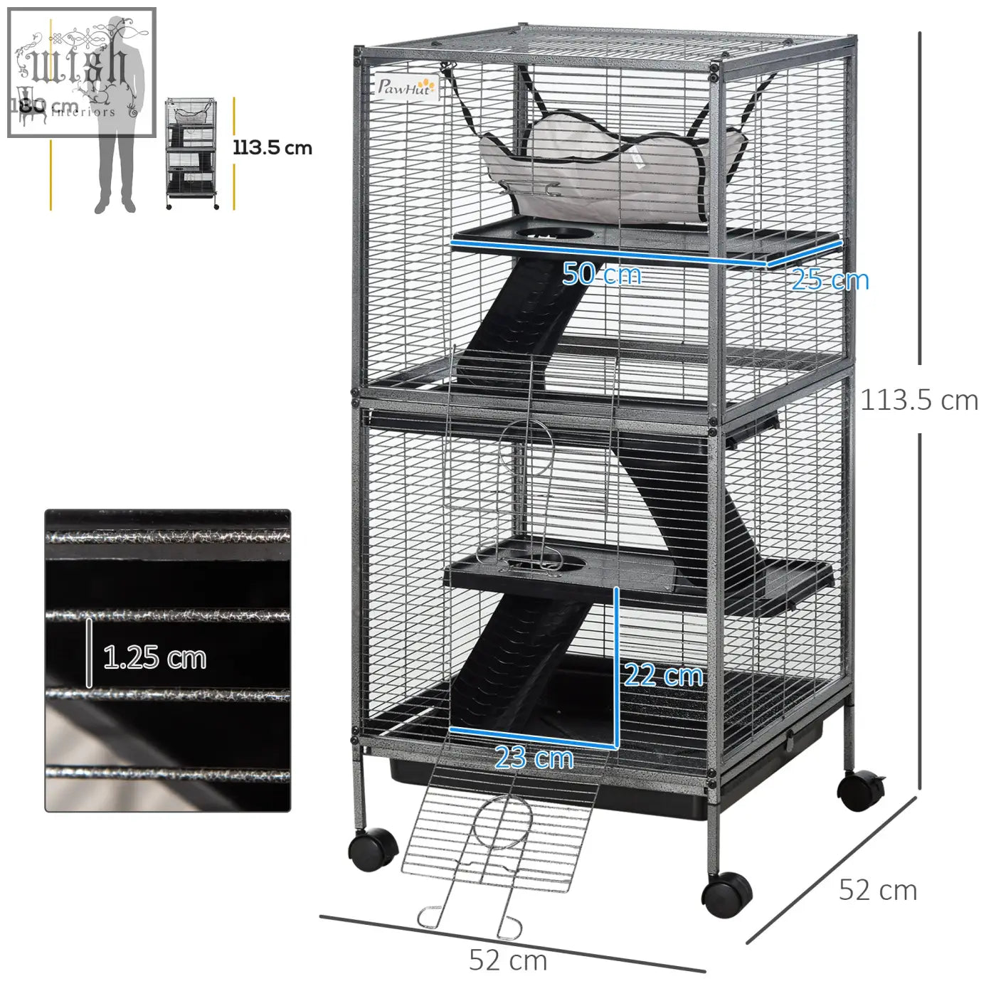 Black metal pawhut small animal cage with multiple doors, sliding ramp, hammock, and wheeled base in silver