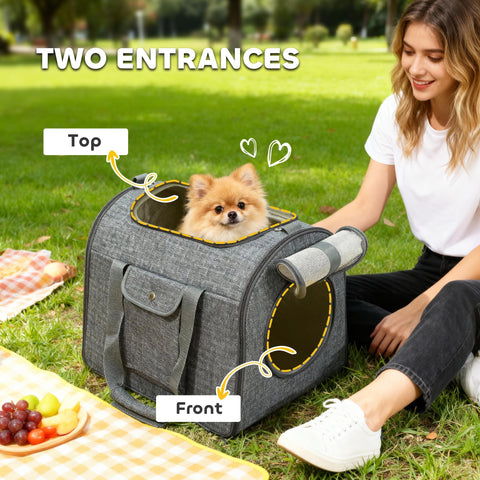 Gray fabric pawhut soft sided cat carrier with two mesh doors pocket size and removable mat for small pets up to 10kg