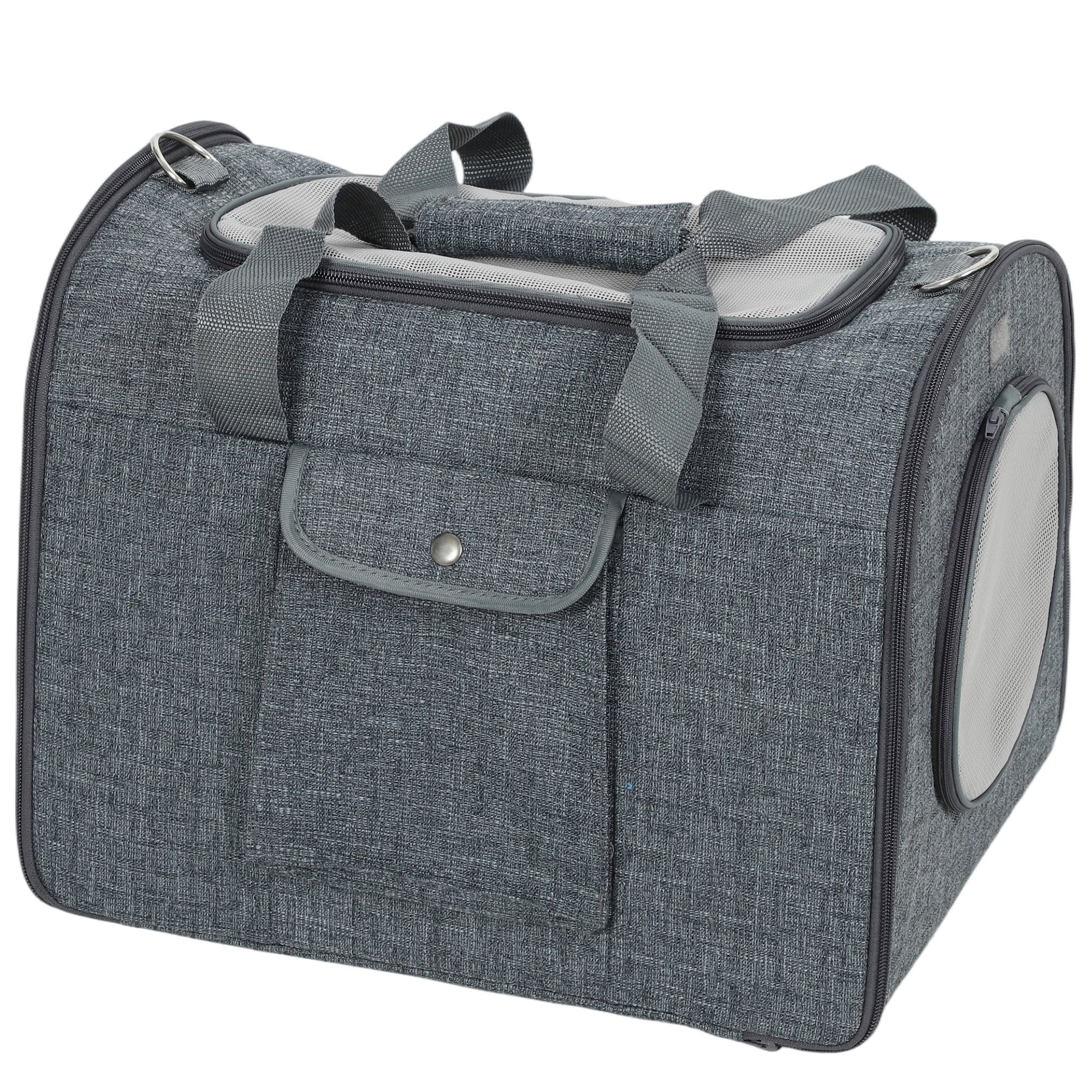 Gray textured pawhut soft sided cat carrier with mesh side window front pocket and shoulder strap for small pets