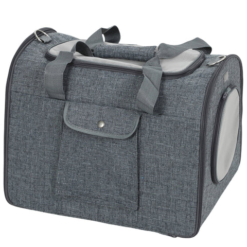 Gray textured pawhut soft sided cat carrier with mesh side window front pocket and shoulder strap for small pets