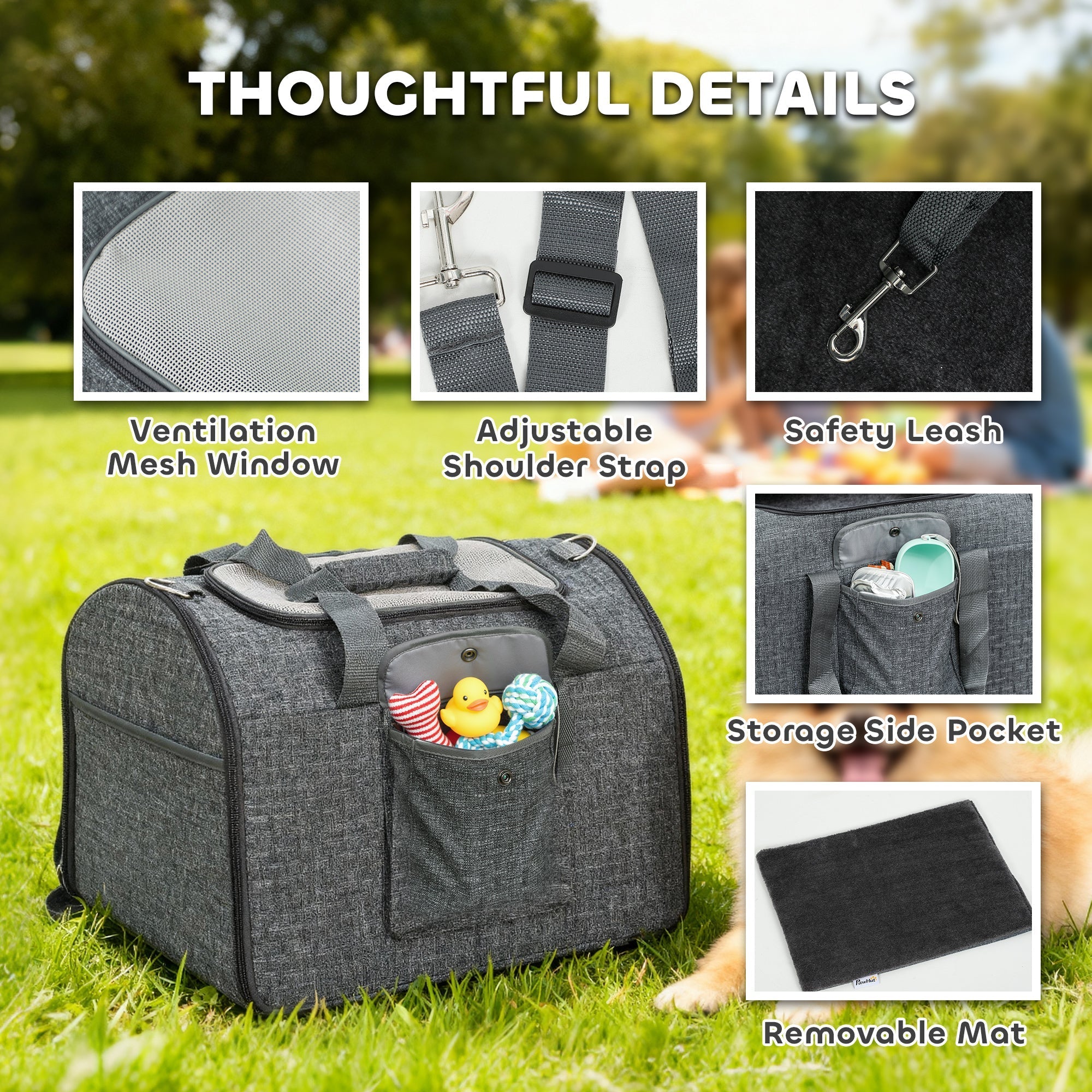 Gray textured pawhut soft sided cat carrier with mesh door size, adjustable shoulder strap, and side storage pocket