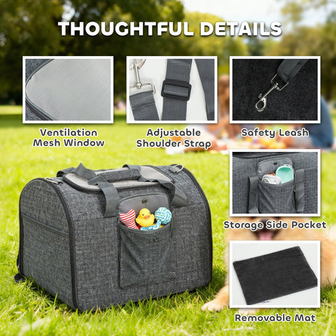 Gray textured pawhut soft sided cat carrier with mesh door size, adjustable shoulder strap, and side storage pocket