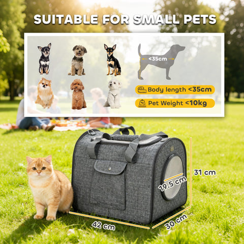 Gray textured pawhut soft sided cat carrier with mesh door size and black handles for small pets under 10kg