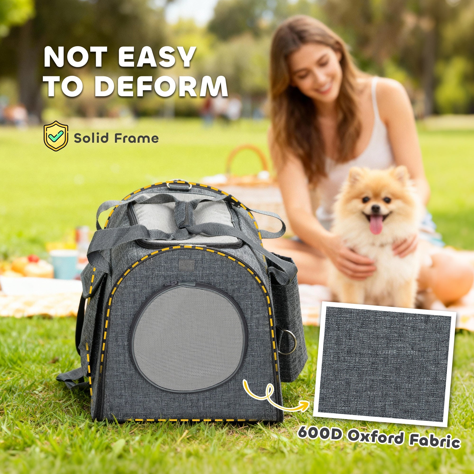 Gray 600d oxford fabric pawhut soft sided cat carrier with yellow stitching mesh door size and shoulder strap