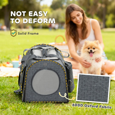 Gray 600d oxford fabric pawhut soft sided cat carrier with yellow stitching mesh door size and shoulder strap